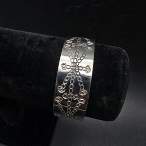 Etched Geometric Silver Tone Bangle Cuff Bracelet
